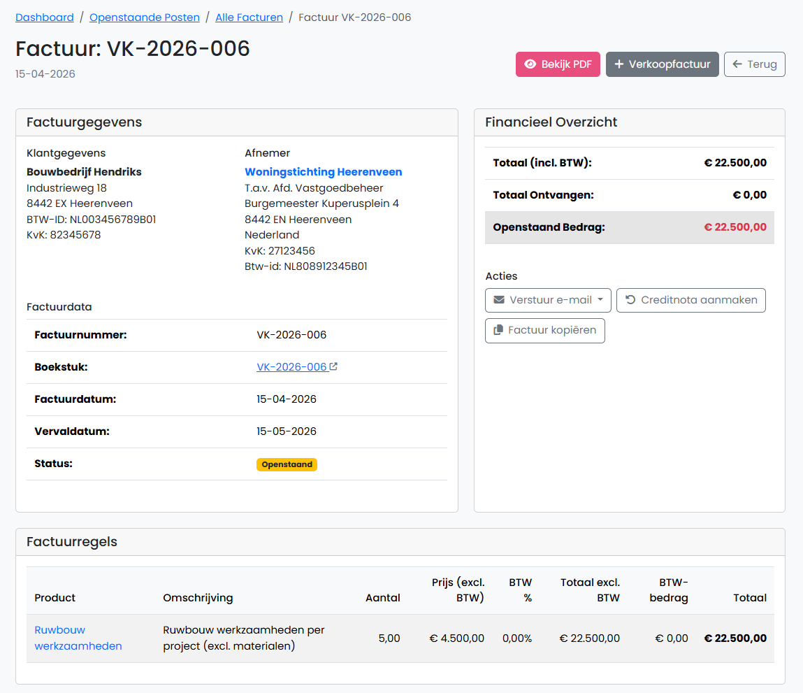Detailscherm van een verkoopfactuur met klantgegevens, financieel overzicht, acties en factuurregels