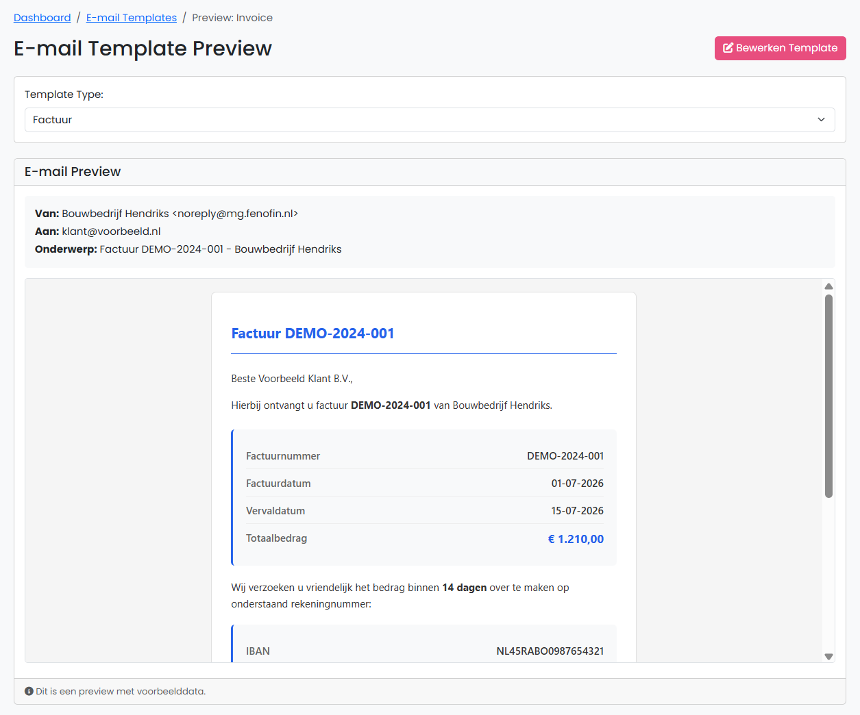 E-mailtemplate-preview van een verkoopfactuur met afzender, onderwerp en factuurgegevens