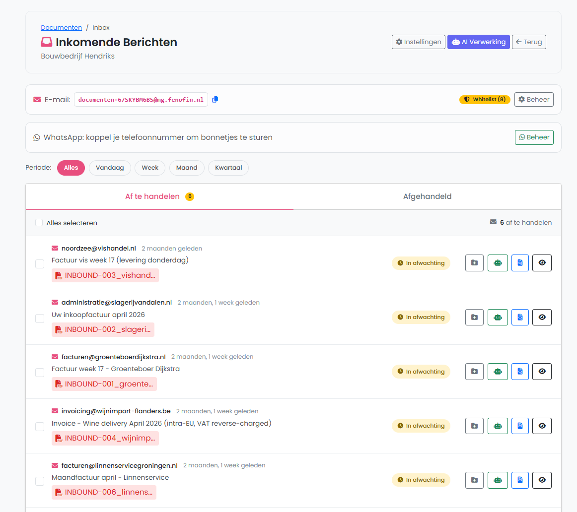 Inbox met inkomende berichten en documenten die af te handelen of afgehandeld zijn