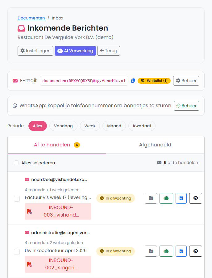 Eigen inbox van een demo-administratie met ontvangen inkoopfacturen en documenten