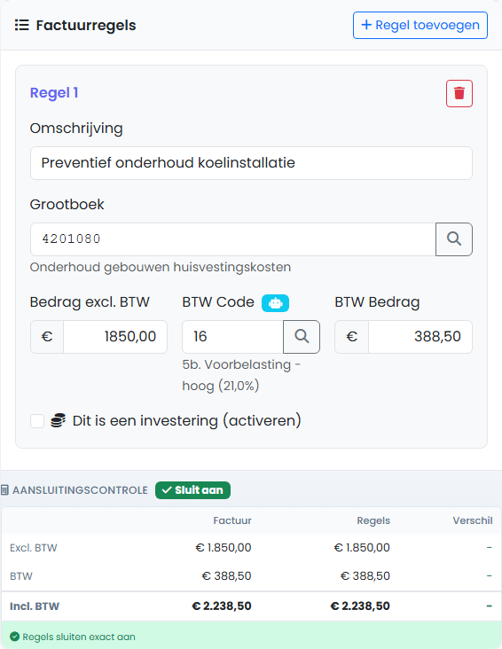Herkende factuurregel van een demo-inkoopfactuur met grootboekkoppeling en aansluitingscontrole