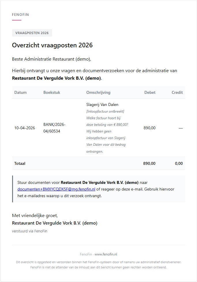 Voorbeeld van een vraagpostenmail met concrete vragen en het eigen documentenadres van de demo-administratie