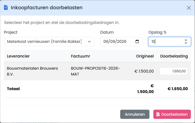 FenoFin-doorbelastingsvenster met 1.500 euro installatiemateriaal, 10 procent opslag en 1.650 euro doorbelasting