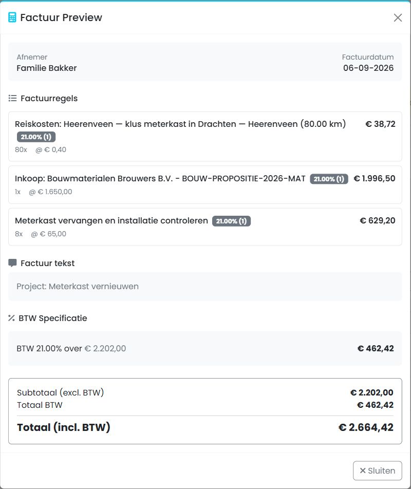 Conceptfactuur voor Meterkast vernieuwen met installatiewerk, materiaal en reiskosten, totaal 2.202 euro exclusief btw