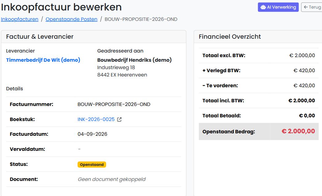 Inkoopfactuur voor timmerwerk in onderaanneming met binnenlands verlegde btw in FenoFin