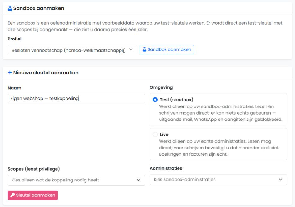Sandbox en REST-API-sleutelbeheer in FenoFin voor een fictieve webshopkoppeling