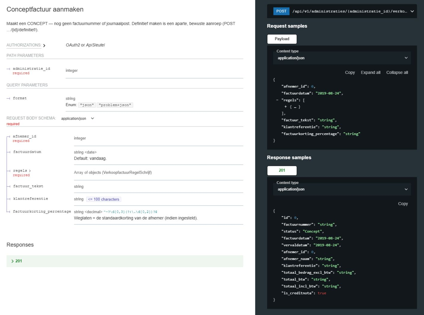 FenoFin API-documentatie voor het aanmaken van een concept-verkoopfactuur