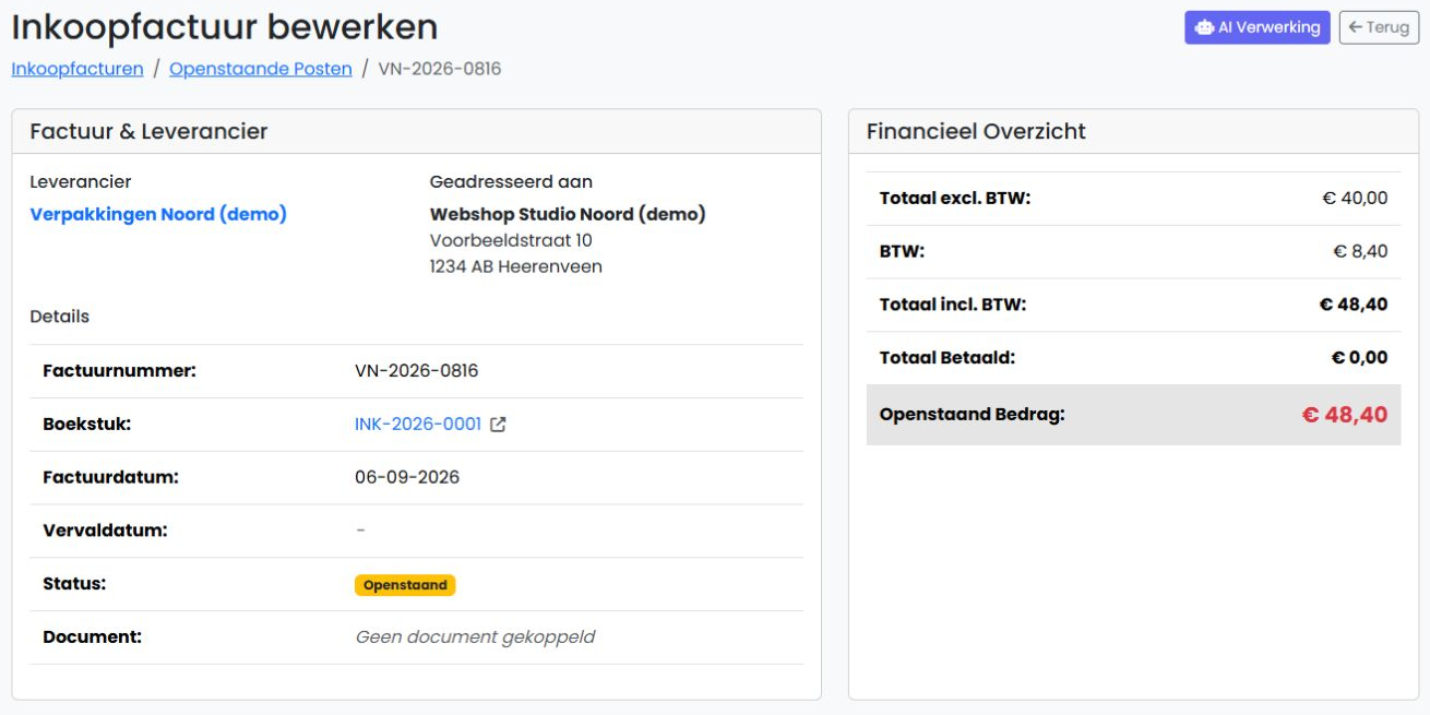 Inkoopfactuur voor verpakkingsmateriaal van een fictieve webshop in FenoFin