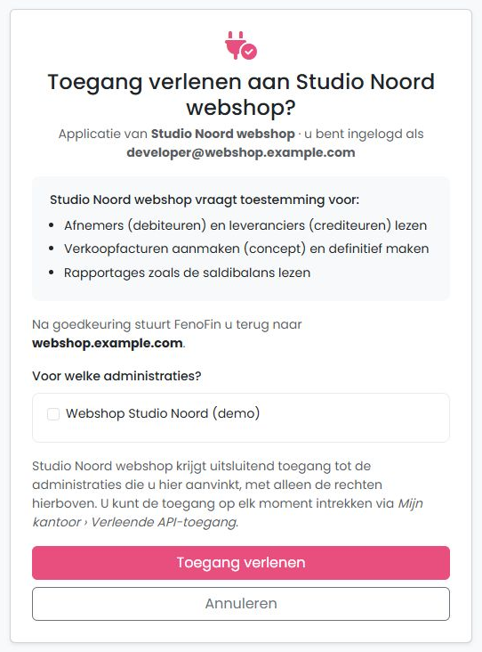 OAuth-toestemmingsscherm met een fictieve webshopapplicatie en de keuze voor een administratie