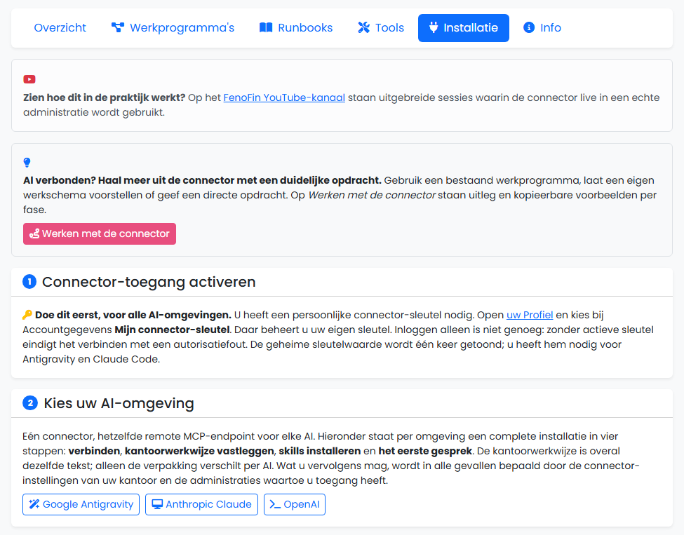 Installatie-tab van de werkzaamhedenbibliotheek: eerst de connectortoegang activeren, dan een AI-omgeving kiezen