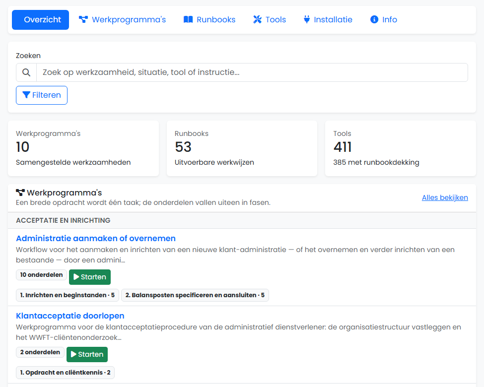 Werkzaamhedenbibliotheek met het aantal werkprogramma’s, runbooks en tools, en de werkprogramma’s voor acceptatie en inrichting