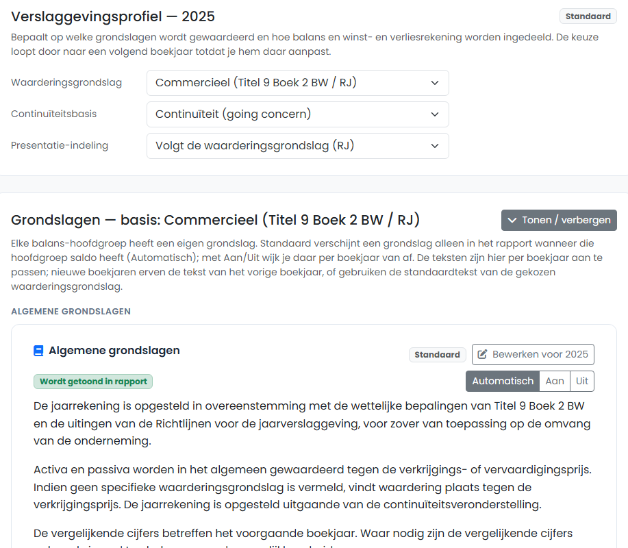 Verslaggevingsprofiel 2025 met waarderingsgrondslag, continuïteitsbasis en presentatie-indeling, en daaronder de algemene grondslagen