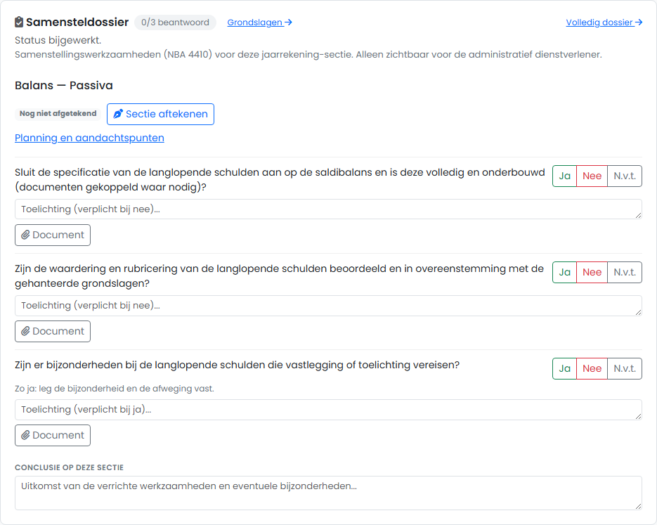 Samenstelwerkstappen bij de langlopende schulden: vragen met ja, nee of n.v.t., een toelichting en een documentkoppeling per vraag