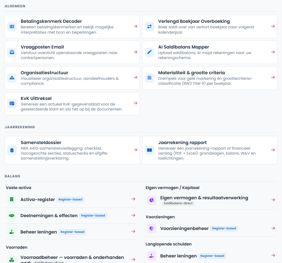 Toolsoverzicht met samensteldossier, jaarrekening-rapport en registers per balanspost
