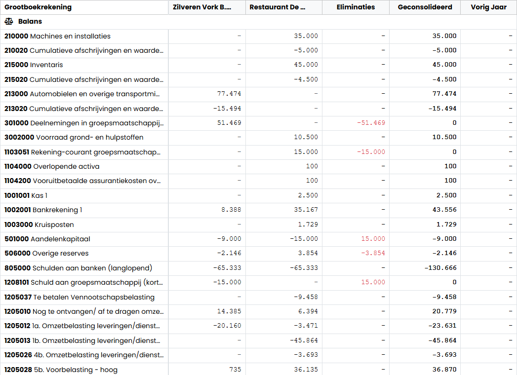 Consolidatiestaat van een demogroep: per grootboekrekening de holding, de werkmaatschappij, de eliminaties en het geconsolideerde totaal