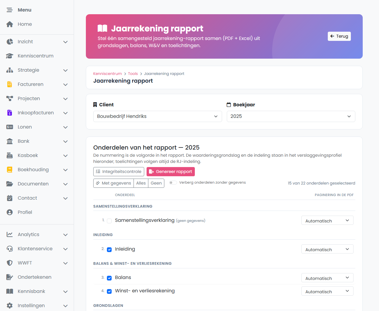Jaarrekening rapport-tool met de onderdelen van het rapport, integriteitscontrole en Genereer rapport-knop