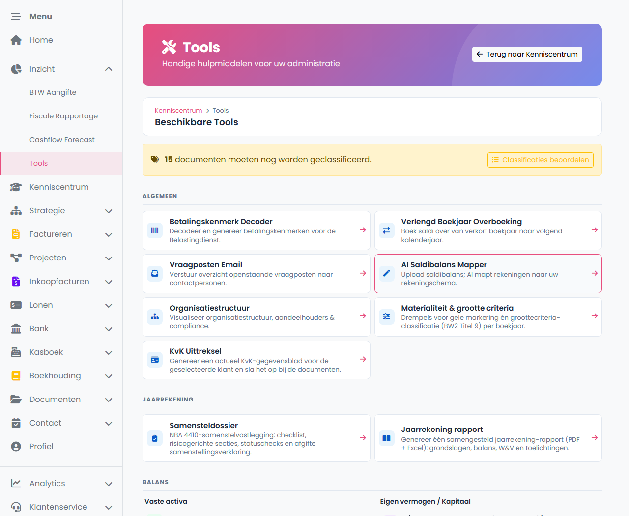 Tools-overzicht met onder meer Betalingskenmerk Decoder, AI Saldibalans Mapper, Organisatiestructuur, Samensteldossier en Jaarrekening rapport