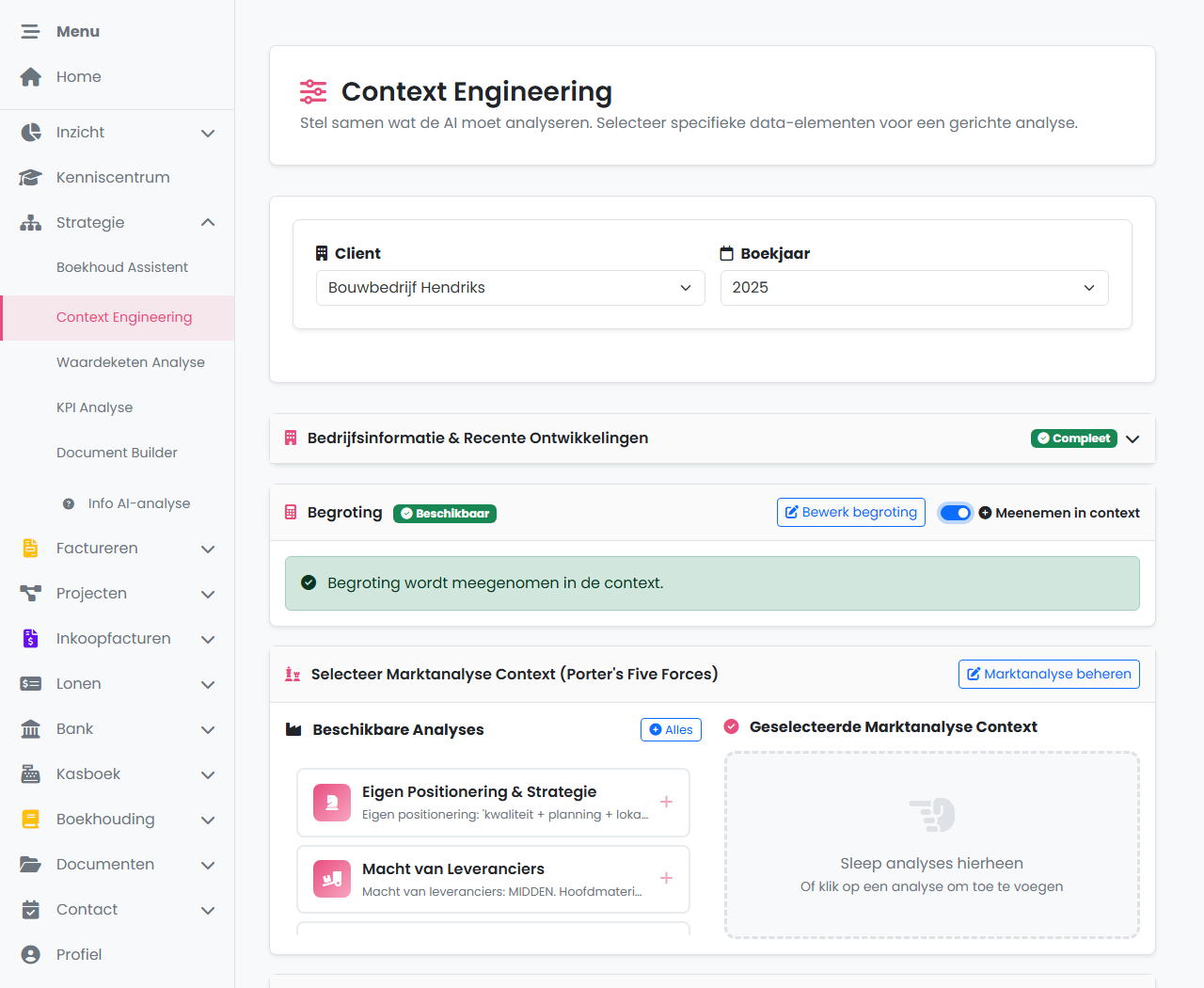 Context Engineering-pagina met bedrijfsinformatie compleet, begroting-toggle 'Meenemen in context' aan en selectie van marktanalyse-context